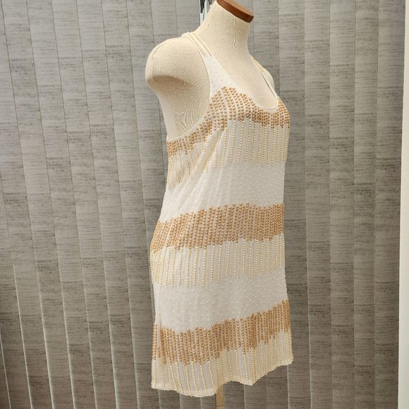 Parker Women’s Tan Cream Beaded Sleeveless Mini Dress Size M - Picture 6 of 17